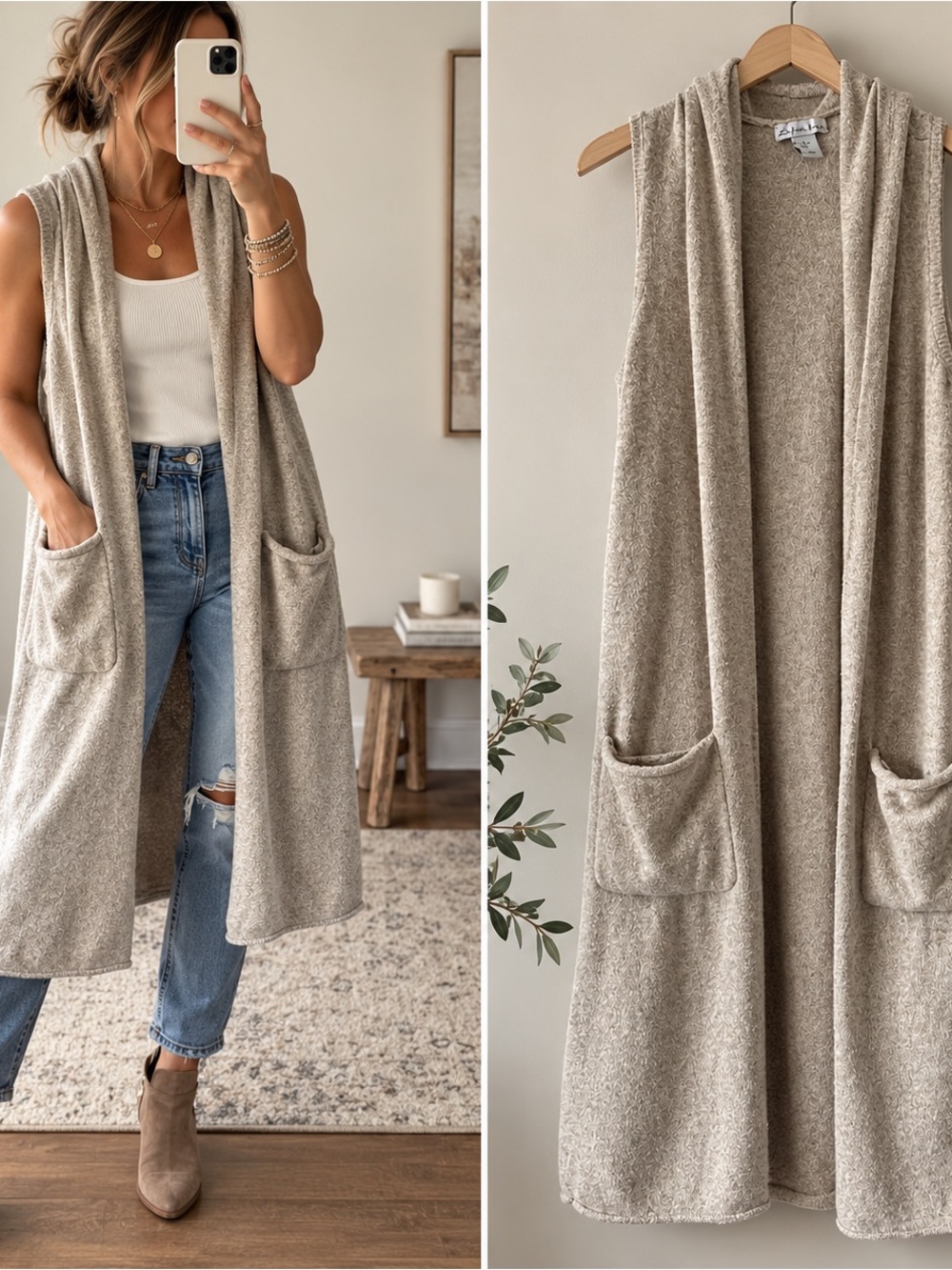 Oatmeal Beige Long Open Front Knit Sweater Vest Duster with Pockets